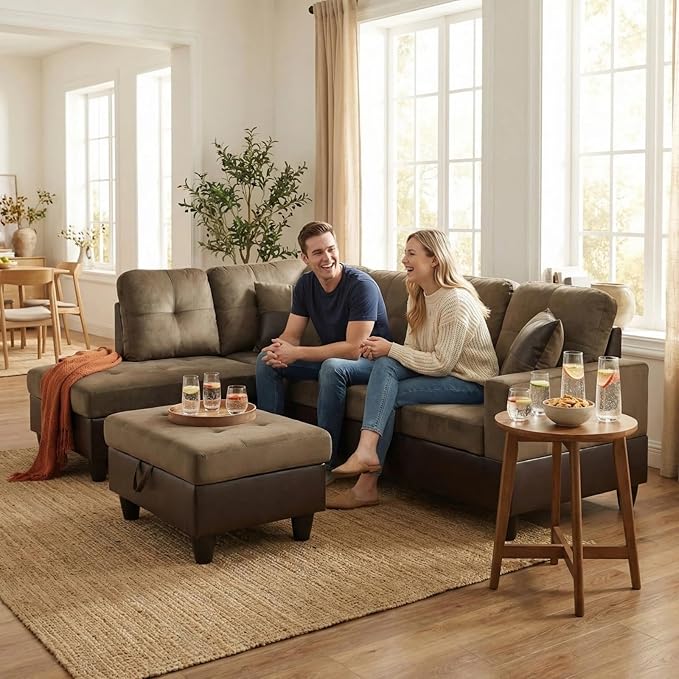 L-Shape Sofa with Storage Ottoman, Flannel Sectional Couch with Left Chaise, Modern 3-Piece Sofa Set for Living Room, Upholstered Couch Set with Solid Wood Frame for Apartment, Loft, Taupe