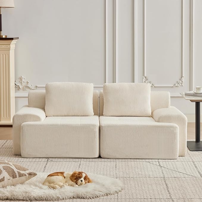 Modular Sectional Sofa with Movable Ottoman, 2 Seat Deep Seat Couch with 2 Pillows, Comfy Cloud Sectional Sofa for Living Room, Bedroom and Apartment (White, 2 Left+2 Right)