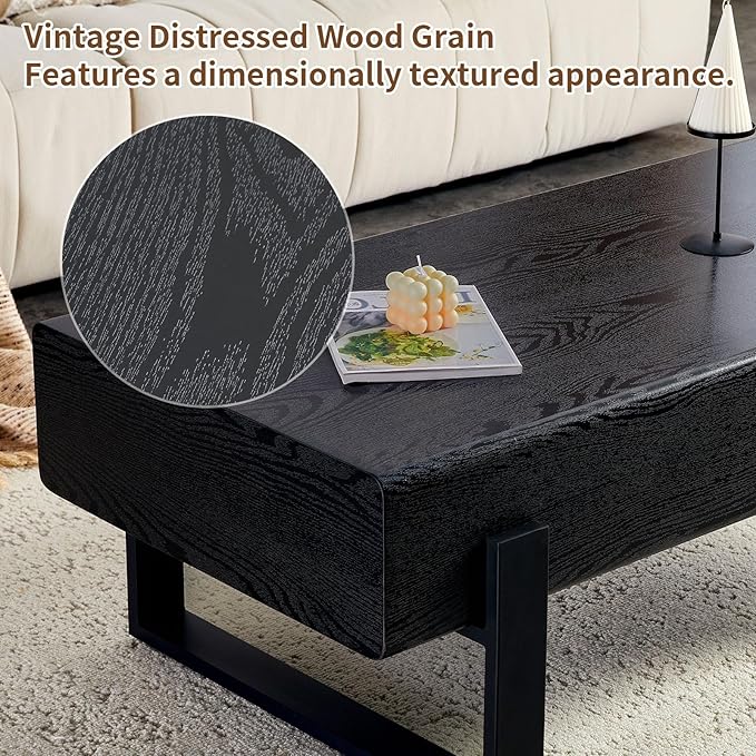 47.24" Rectangle Coffee Table, Wood Coffee Table Center Table with 7.8" Thick Tabletop Metal Legs Rounded Corners for Living Room Office, Black