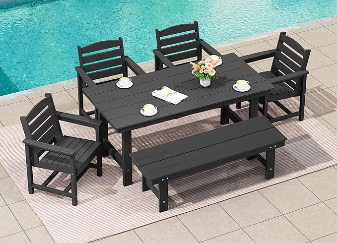 SERWALL Patio Dining Table and Bench Set for 6, Black - Image 5