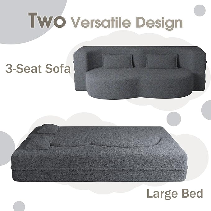 78" Convertible Sofa Bed, 2-in-1 Folding Floor Couch with 2 Pillows, Sleeper Sofa for Living Room and Bedroom, No Assembly Required (Grey, Teddy Fabric)