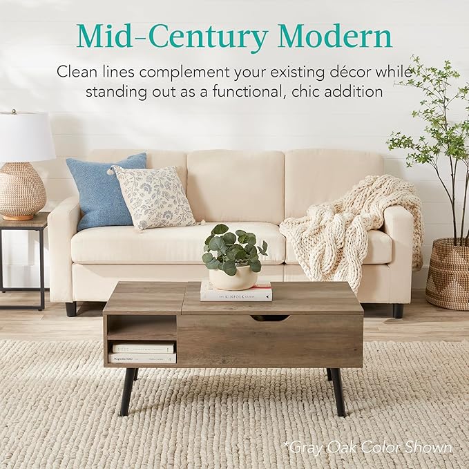 Best Choice Products Lift Top Coffee Table, Wooden Mid-Century Modern Multifunctional Accent Table for Living Room w/Hidden Storage, 2 Cubbies, Removable Shelf - Brown