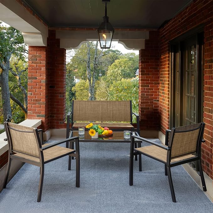 Devoko 4 Pieces Patio Furniture Set Outdoor Garden Patio Conversation Sets Poolside Lawn Chairs with Glass Coffee Table Porch Furniture (Yellow)