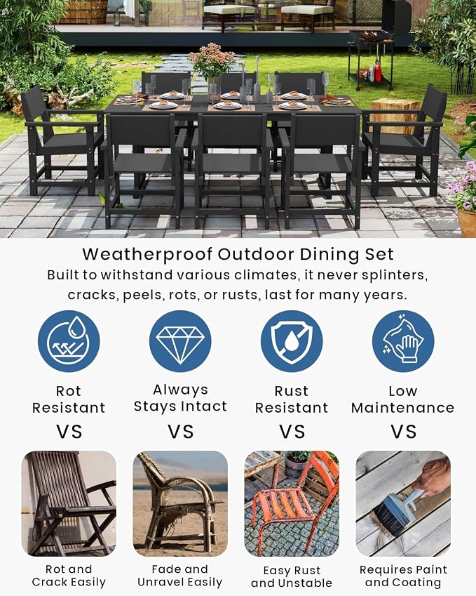 9-Piece Outdoor Dining Set, HDPE Weatherproof Patio Table and Chairs Set for 8, Outdoor Patio Furniture Sets with Umbrella Hole for Outside, Deck, Backyard, Garden (Black) - Image 3