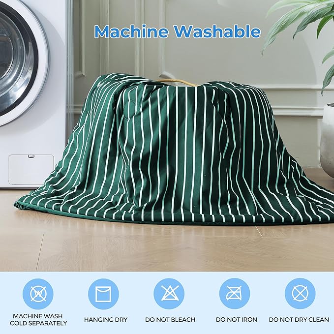 Pinstripe Cooling Comforter Queen Size, Q-Max 0.45 Reversible Striped Cooling Blanket for Hot Sleepers, Breathable Lightweight Silk Smooth Summer Bedding, Quilted Ice Blanket, Emerald Green