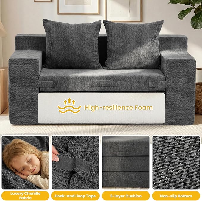 Boneless Loveseat Sleeper Sofa Bed: 3-in-1 Convertible Sofa Bed with Side Pockets & Handle,Pull Out Couch with 2 Pillows,Folding Futon for Small Space,Living Room & Bedroom,Chenille Fabric,No Assembly