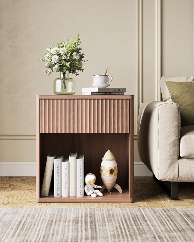 WLIVE Night Stand, Wood Nightstand with Storage Drawer and Open Shelf, Fluted Bedroom Nighstand, Mid Century Bed Side Table, End Tables Living Room, Dorm, Home Office, Carrocci Brown - Image 6