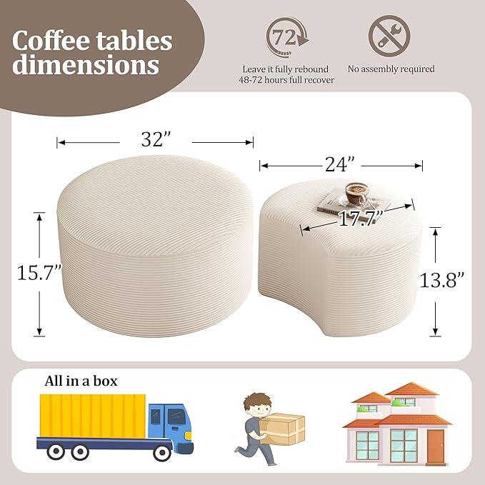 Round Coffee Table Set of 2, Movable Ottoman for Corduroy Cloud Sectional Couches Circle Foam Round Side Table for Living Room, Entryway Set, 32"+17" Footrest No Assembly (Beige, 32"+17")