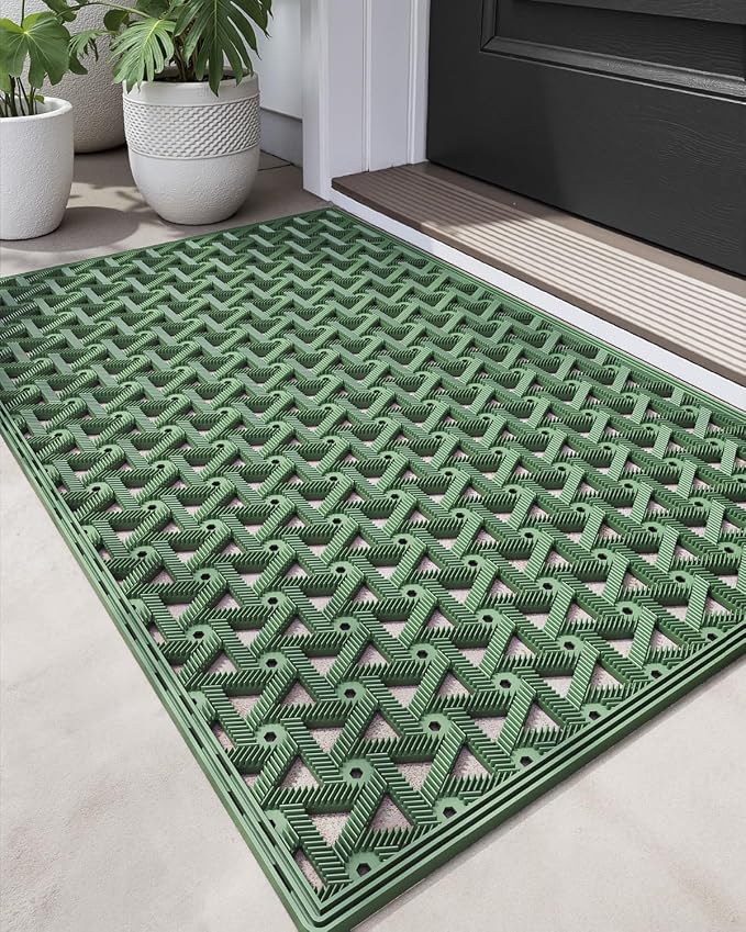 DEXI Front Door Mat Outside Entrance Rubber 19x30, Welcome Floor Doormat Heavy Duty Non Slip, Dirt Trapper Waterproof Exterior Entry Mats All Weather for Patio Entryway Drainage, Green by DEXI