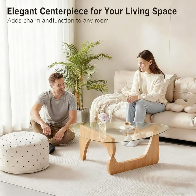 Modern Glass Coffee Table for Living Room, Small Coffee Table with Wood Legs, Mid Century Coffee Tables, Vintage Unique Center Table for Small Spaces Reception Office(Wood Transparent, 31.5in)