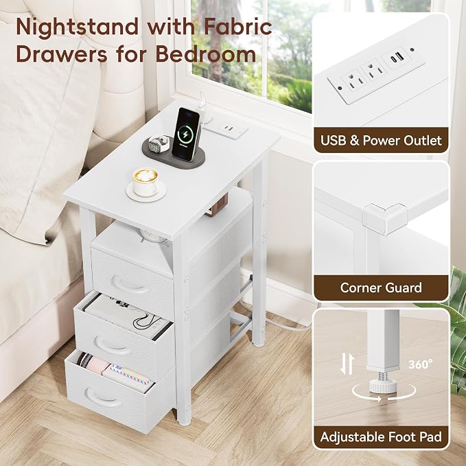 Vagusicc White Nightstand with Charging Station and LED Lights, Narrow End Table, LED Nightstand with 3 Fabric Drawers for Bedroom, Small Bedside Table, Narrow Side Table for Small Spaces, White - Image 7