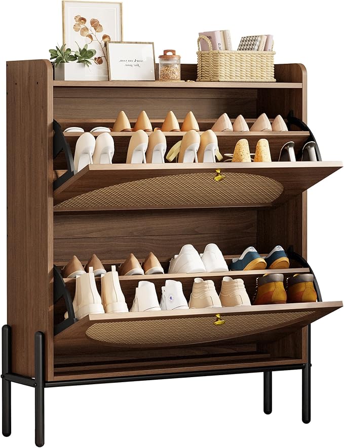 IRONCK Shoe Cabinet Storage with 2 Flip Drawers, Free Standing Wooden Shoe Storage Organizer Cabinet with Rattan Doors for Entryway, Narrow Shoe Rack Cabinet, Walnut by IRONCK