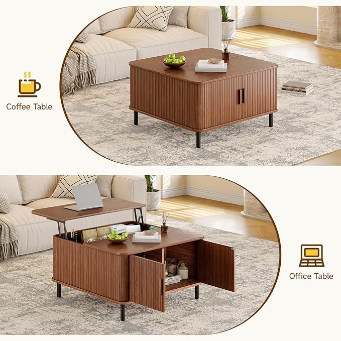 ONBRILL Lift Top Coffee Table with Large Hidden Compartment, Wood Square Coffee Table with Adjustable Footpads, Mid-Century Modern Lift Tabletop Dining Table for Living Room, Home Office, Walnut