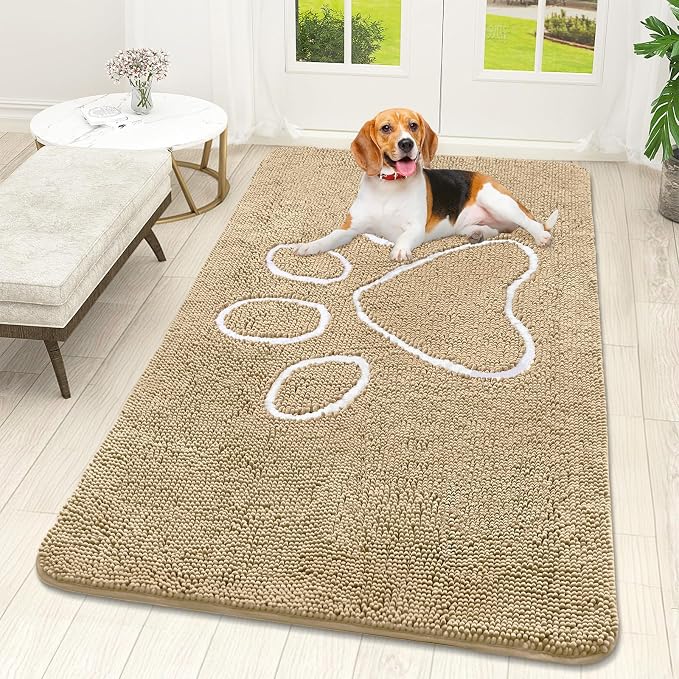 OLANLY Dog Door Mat for Muddy Paws 59x32, Paw Print Design, Absorbs Moisture and Dirt, Absorbent Non-Slip Washable Doormat, Quick Dry Chenille Mud Mat for Dogs, Entry Indoor Entryway Carpet, Beige by OLANLY