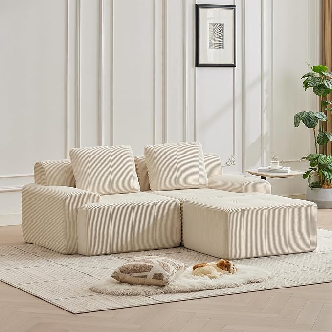 Modular Sectional Sofa with Movable Ottoman, 2 Seat Deep Seat Couch with 2 Pillows, Comfy Cloud Sectional Sofa for Living Room, Bedroom and Apartment (White, 1 Left+1 Right+1 Ottoman)