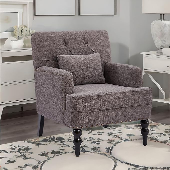 HUIMO Tufted Club Chair with Lumbar Pillow,Upholstered Button Armchair,Accent Reading Chair,Linen Fabric Sofa Chairs for Bedroom, Living Room, Mid Century Modern with Studded Chair Grey