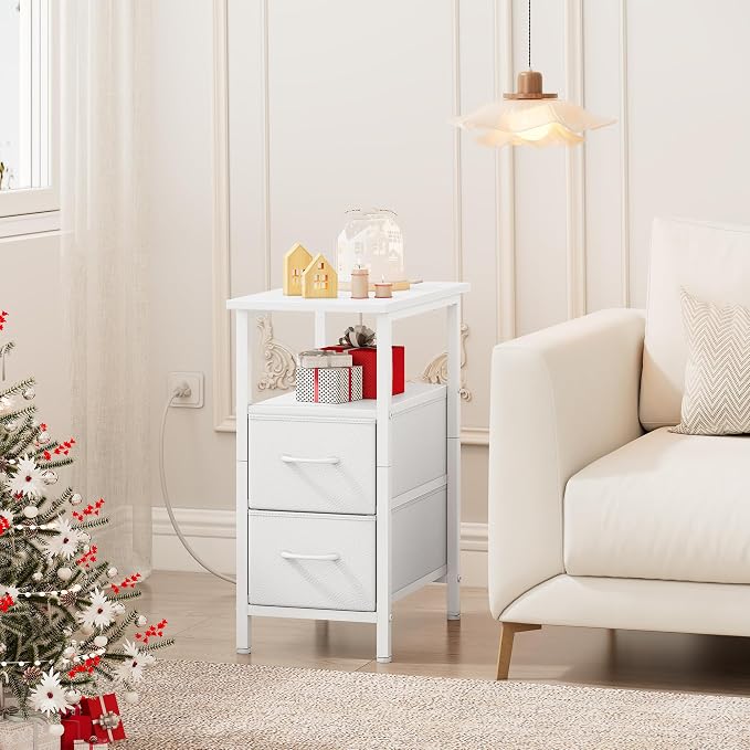 Vagusicc End Table with Charging Station Set of 2, Narrow Side Table, 23.8'' Tall Nightstand with 2 Drawers, Small Sofa Side Table Narrow Nightstand for Small Spaces, Living Room, Bedroom, White - Image 2
