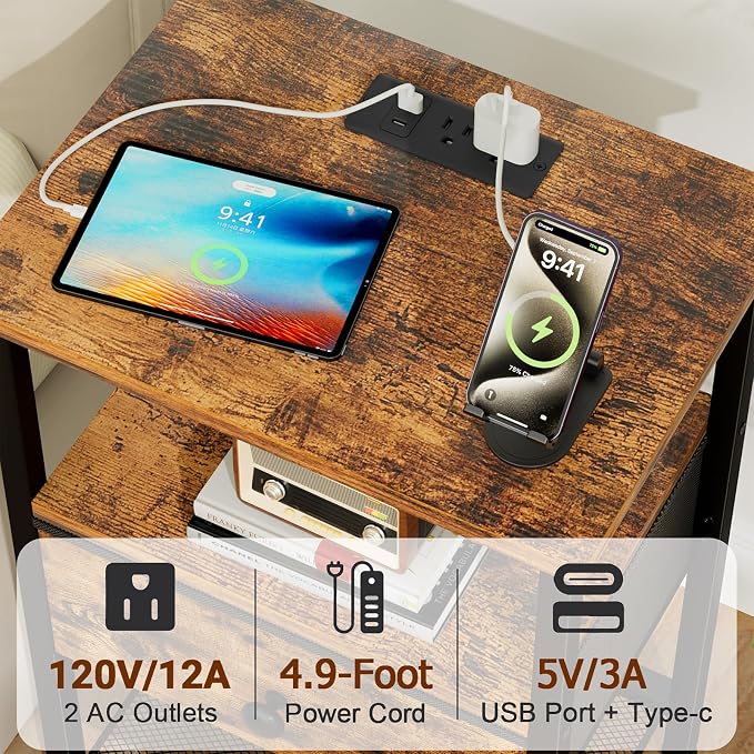 LOAKEKEL Night Stand with Charging Station, Small Bedside Table with Fabric Drawer, Nightstand with USB Ports & Outlets for Bedroom, Brown, HETS010BR-1 - Image 6