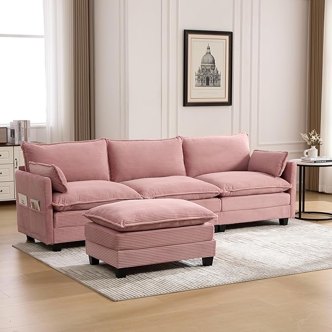 Modular Sectional Sofa Couch with Reversible Ottoman, 103" Oversized Corduroy Cloud Couch, 3 Seat Sectional Sofa with Solid Wood Frame and Side Pockets,for Living Room & Apartment