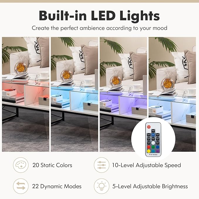 Giantex LED Coffee Table, High Gloss Coffee Tables with 4 Storage Cubes, 20-Color Lights, Remote Control, Faux Marble & Tempered Glass Top, Modern Accent Rectangle Center Table for Living Room (White)