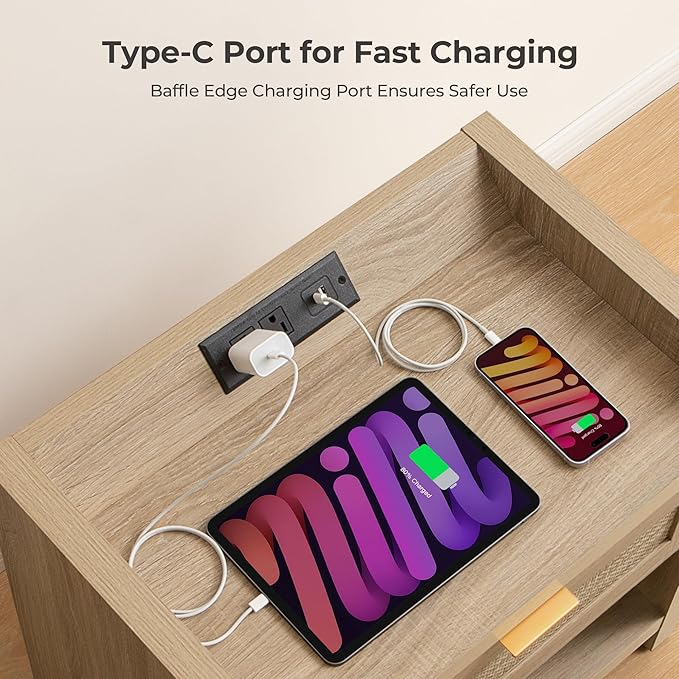 SICOTAS Rattan Nightstand End Table - Boho Night Stand Bedside Table with Type-C Charging Station, Wicker Decor Drawer Storage Cabinet Night Stand for Bedroom - Light Oak - Image 3