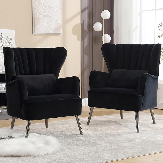 Modern Accent Chairs Set of 2, Comfy Wingback Armchair with Pillow Upholstered Shell Chair Reading Chair for Bedroom, Living Room, Small Spaces Black