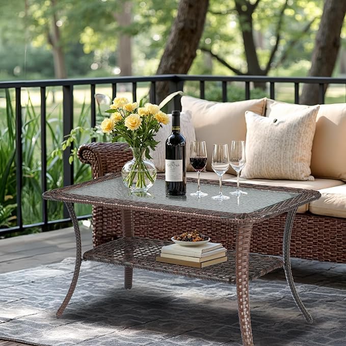 VINGLI Outdoor Coffee Table with Storage Wicker Patio Coffee Table, Tempered Glass Top Coffee Table for Patio Outside Balcony Porch Deck (Brown) - Image 2