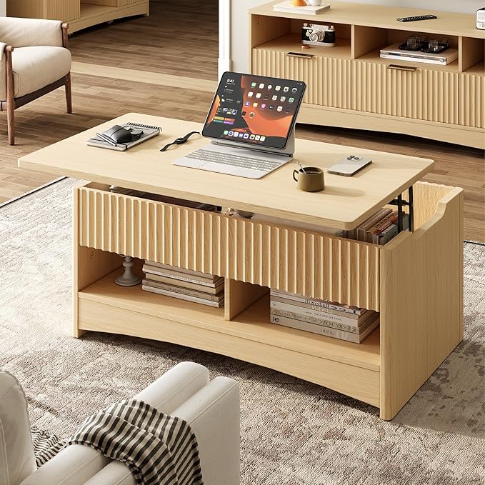 Amada Lift Top Coffee Table with Storage Shelf & Hidden Compartment, Modern Fluted Rectangle Dining Table for Living Room, Home Office,Natural Oak