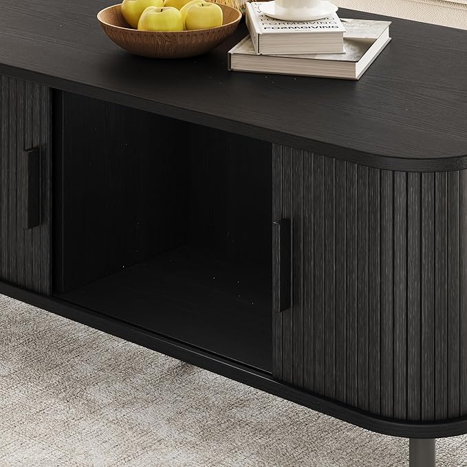 Coffee Table with Storage, 47.2" Mid Century Modern Coffee Tables for Living Room, Rectangle Wood Center Table with Sliding Tambour Door & Adjustable Leg for Living Room, Black