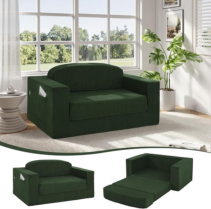 MeMoreCool Green Corduroy Fold-Out Loveseat Sofa Bed – Boneless Convertible Floor Couch with Foam, Compact Sleeper Futon with Washable Cover, No Assembly Required for Small Spaces & Bedroom