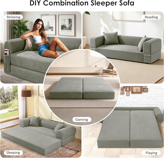 80" Convertible Sofa Bed, Corduroy Deep Seat Folding Pull Out Couch with Pillows, No Assembly Modern Boneless Couch Compression Sofa in Box, Floor Sofa with Storage Pocket for Living Room,Light Grey