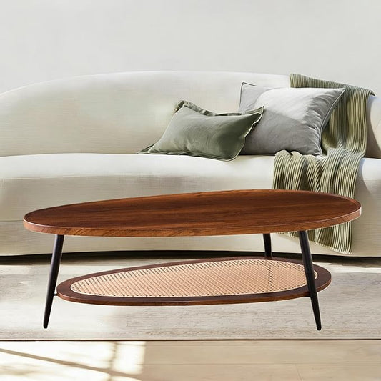 Shrine Oval Wood and Rattan Coffee Table, Mid-Century Modern Coffee Table, Two-Tier Brown Walnut Table for Living Room, D47.2''x W25''x H15.3'', Walnut Wood Top and Woven Rattan Base