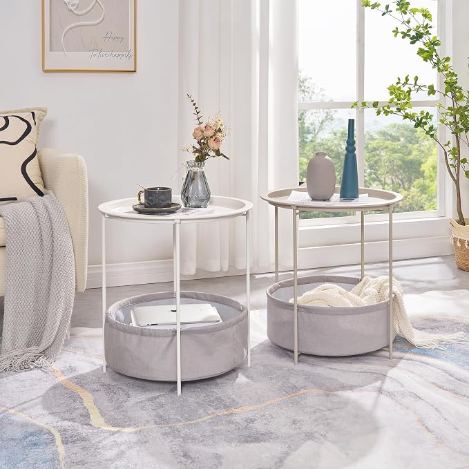 VECELO Round Side/End Table with Fabric Storage Basket，Metal Anti-Rust and Waterproof Small Bedside Nightstand with Removable Tray Top for Living Room，Balcony & Laundry，Beige/1pcs with Basket - Image 6