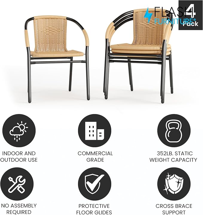 Flash Furniture Lila 4 Pack Beige Rattan Indoor-Outdoor Restaurant Stack Chair | Versatile and Stylish Seating - Image 4