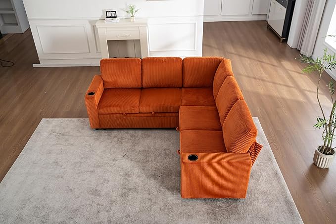 Eafurn 84" Sectional Sleeper Sofa with Pull Out Bed, L-Shaped Modular Corner Sofa with Hidden Storage, Cup Holders & USB Ports, Comfy Corduroy Fabric Convertible Couch for Living Room, Apartment | Breathable material, Side Pockets