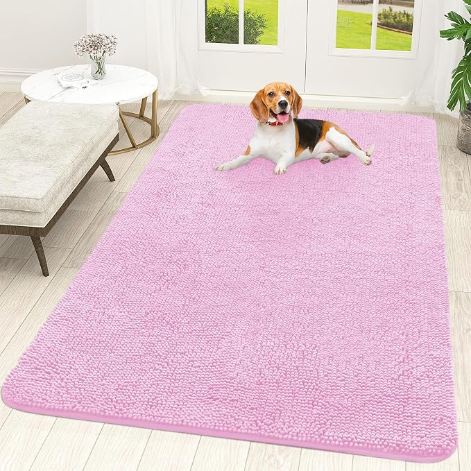 OLANLY Dog Door Mat for Muddy Paws 70x46, Absorbs Moisture and Dirt, Absorbent Non-Slip Washable Doormat, Quick Dry Chenille Mud Mat for Dogs, Entry Indoor Entryway Carpet for Inside Floor, Pink by OLANLY
