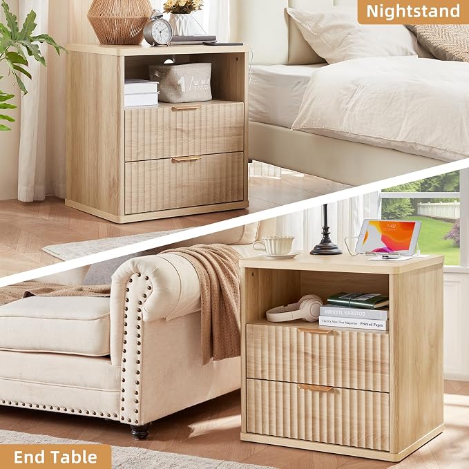 LEYAOYAO Fluted Farmhouse Nightstand Set of 2 with Charging Station, 23" Wide 2 Drawers End Table,Natural Dresser for Bedroom,Bed Side Table Chest of Drawers Cabinet,Wood Night Stand for Living Room - Image 9
