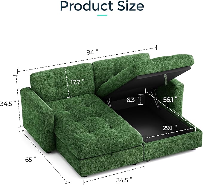 84" Oversized Sectional Chaise with Storage, Large Chaise Lounge with Adjustable Armrest, Chenille Cloud Couches for Living Room, Apartment, Home Theater, Green