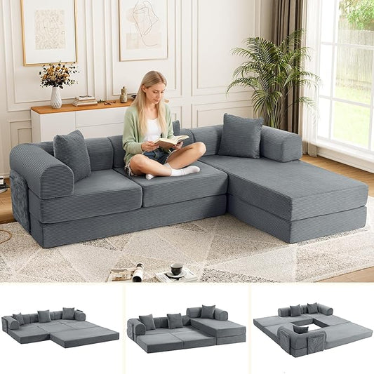 106.3" L Shape Convertible Sleeper Sofa Bed, Oversized Modular Sectional Cloud Sofa with Fixed-Shape Frame & Storage Pocket, Boneless Couch for Living Room, No Assembly Required, Dark Gray
