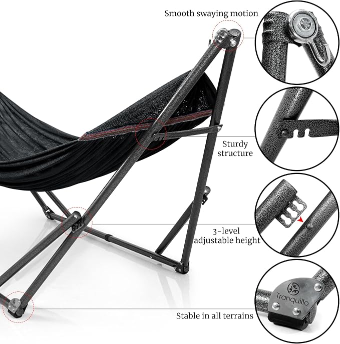 Tranquillo Universal Hammock Stand 600 lbs Capacity, Instant 20s Foldable, 3-Year Warranty Hammock with Stand, 2 Person Camping Revolutionary Portable No Screws, Premium Hammocks, Black - Image 8