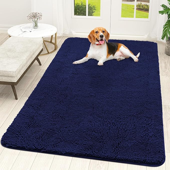 OLANLY Dog Door Mat for Muddy Paws 59x35, Absorbs Moisture and Dirt, Absorbent Non-Slip Washable Doormat, Quick Dry Chenille Mud Mat for Dogs, Entry Indoor Entryway Carpet for Inside Floor, Navy Blue by OLANLY