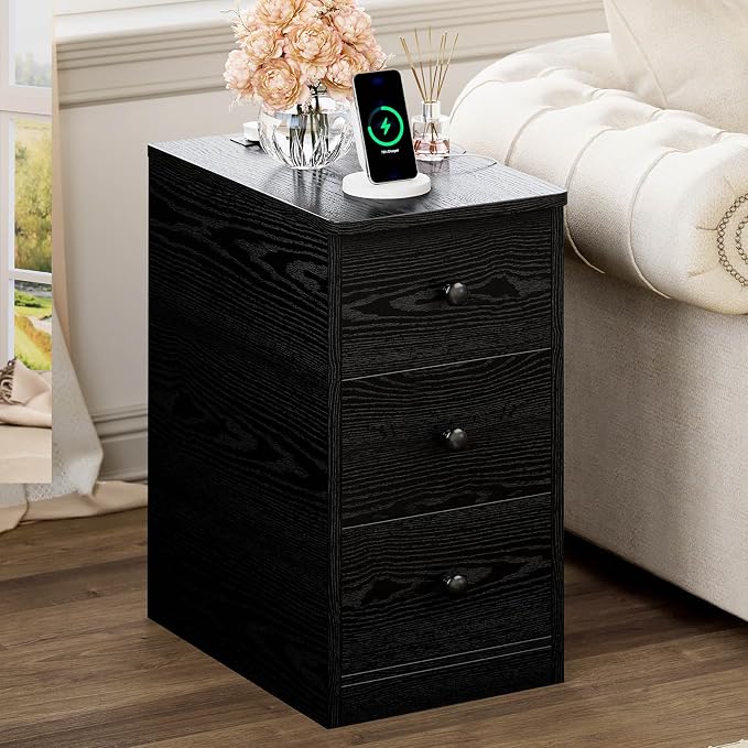 LIKIMIO Nightstand with Charging Station, Narrow Bedside Table with 3 Drawers, End Table with USB Ports and Outlets, Side Table for Living Room/Bedroom Modern - Image 9