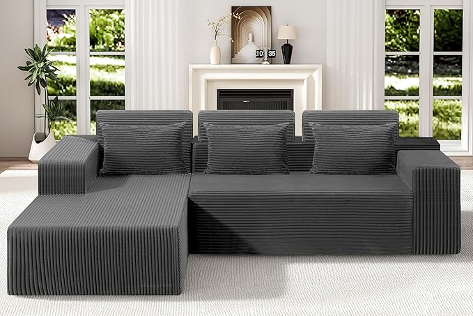 Homguava Modular Sectional Couches for Living Room,105" Cloud Couch with L-Shape Chaise,Comfy Sofa Living Room Sofas with Deep Seat,No Assembly L Couch,Corduroy Fabric(Grey,L)
