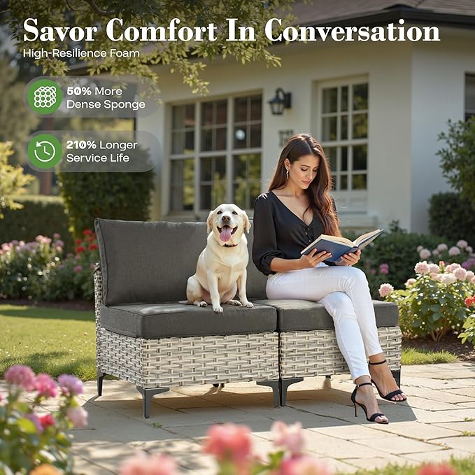 6 Pcs Patio Furniture with Fire Pit Table, Outdoor Rattan Wicker Conversation Set with Glowing Coffee Table, Comfy Sectional Sofa for Porch Balcony Backyard Pool, Black
