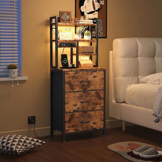 COTUBLR Night Stand, Tall Nightstand with Charging Station and LED Lights, Side Table with 4-Tier Shelves and 3 Fabric Drawers, 45.3" Tall Bedside End Tables for Bedroom, Hallway, Office, Rustic Brown by COTUBLR