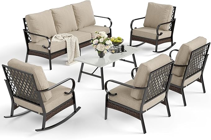 6 Piece Metal Outdoor Patio Furniture Set, Patio Conversation Set 1 3-Seater Sofa, 2 Fixed Sofa, 2 Rocking Sofa with 5.75" Thick Cushion & Coffee Table Black Backyard Furniture, Beige