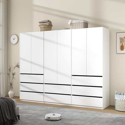 Wardrobe Closet with 6 Doors: 75" White Armoire with 8 Drawers, Wooden Wardrobe for Hanging Clothes, Tall Storage Cabinet with Shelves and Hanging Rod (B+B+A, 94.5")