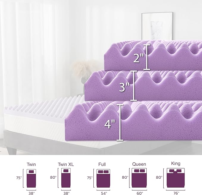 3 Inch Egg Crate King Memory Foam Mattress Topper, Lavender Scent Gel Infused Foam Mattress Topper for Pressure Relief, CertiPUR-US Certified King Bed Topper, Purple, 76"×80"