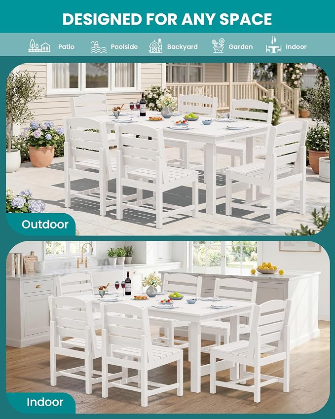 SERWALL Patio Dining Sets for 10 Person, HDPE Dining Set with 2 Tables, 8 Armless Chairs and 2 Armed Dining Chairs, White - Image 7