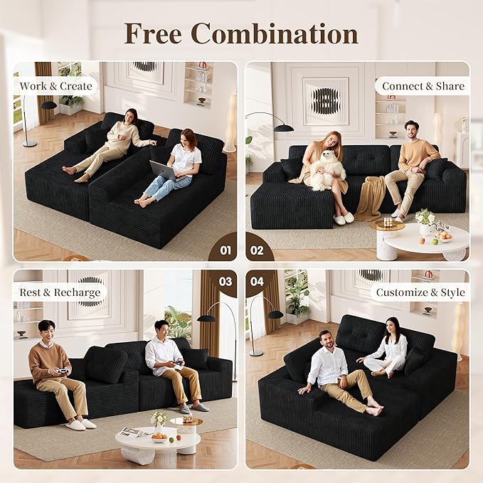Ball & Cast 106" Cloud Sectional Couch, Compressed L-Shaped Sofa with Deep Seat Chaise, Boneless No Assembly Modular Couch, Foam & Spring Support, 2 Boxes (Right Facing, Corduroy Black)